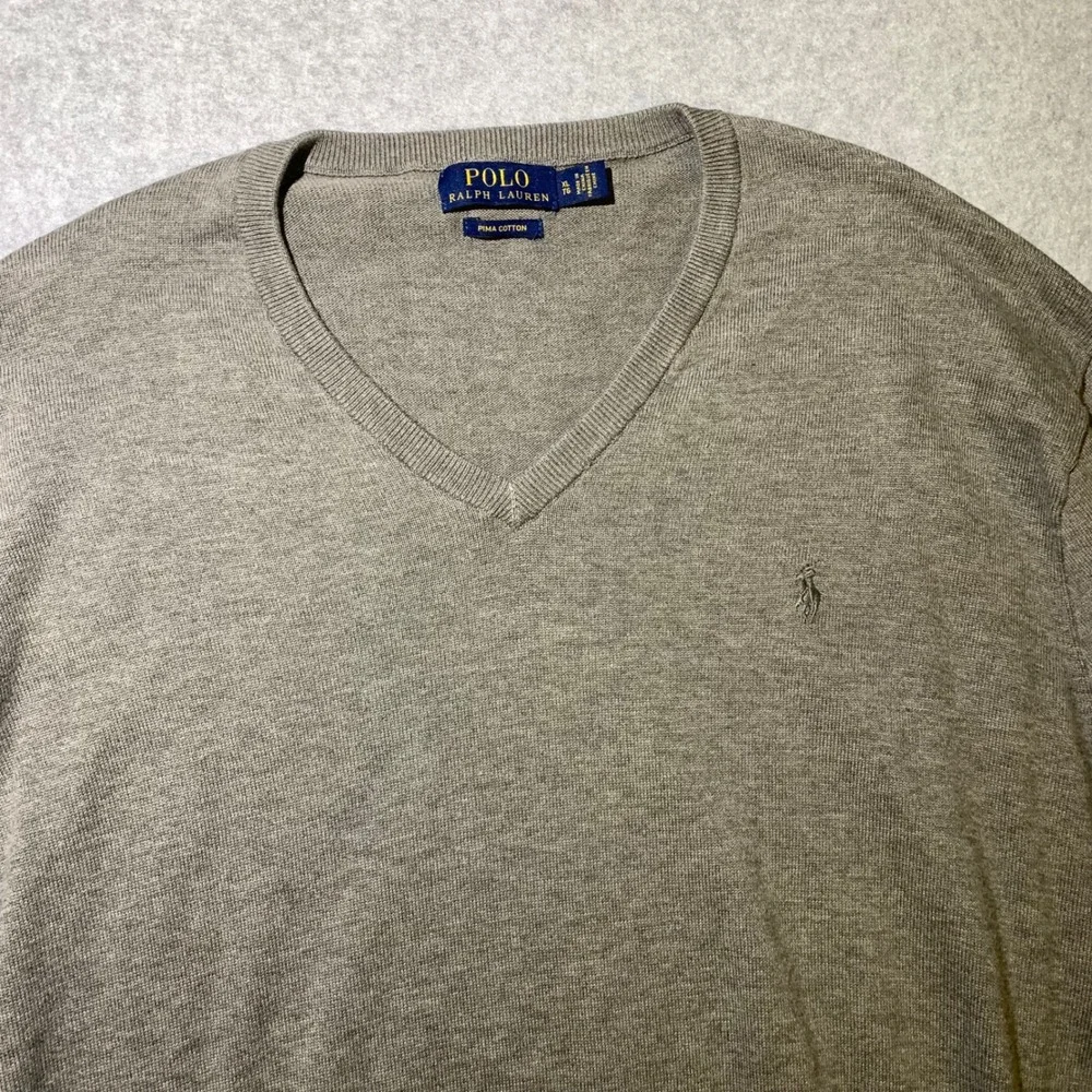 Polo‎ Ralph Lauren Mens XL Pima Cotton V-Neck Sweater Gray Pullover Pony Logo